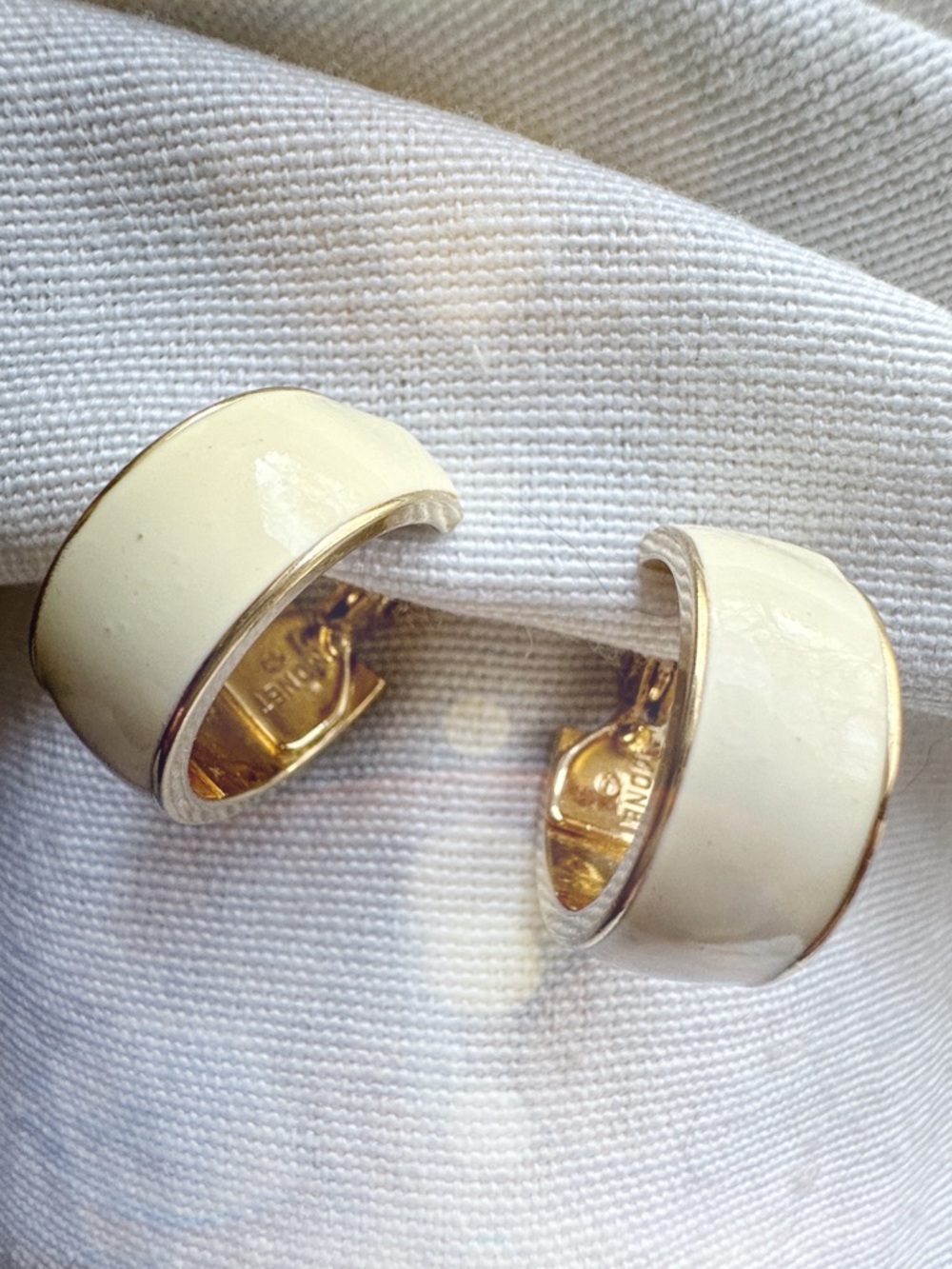 Monet Vintage Clip-On Gold-Tone Cream Enamel Earrings Pair